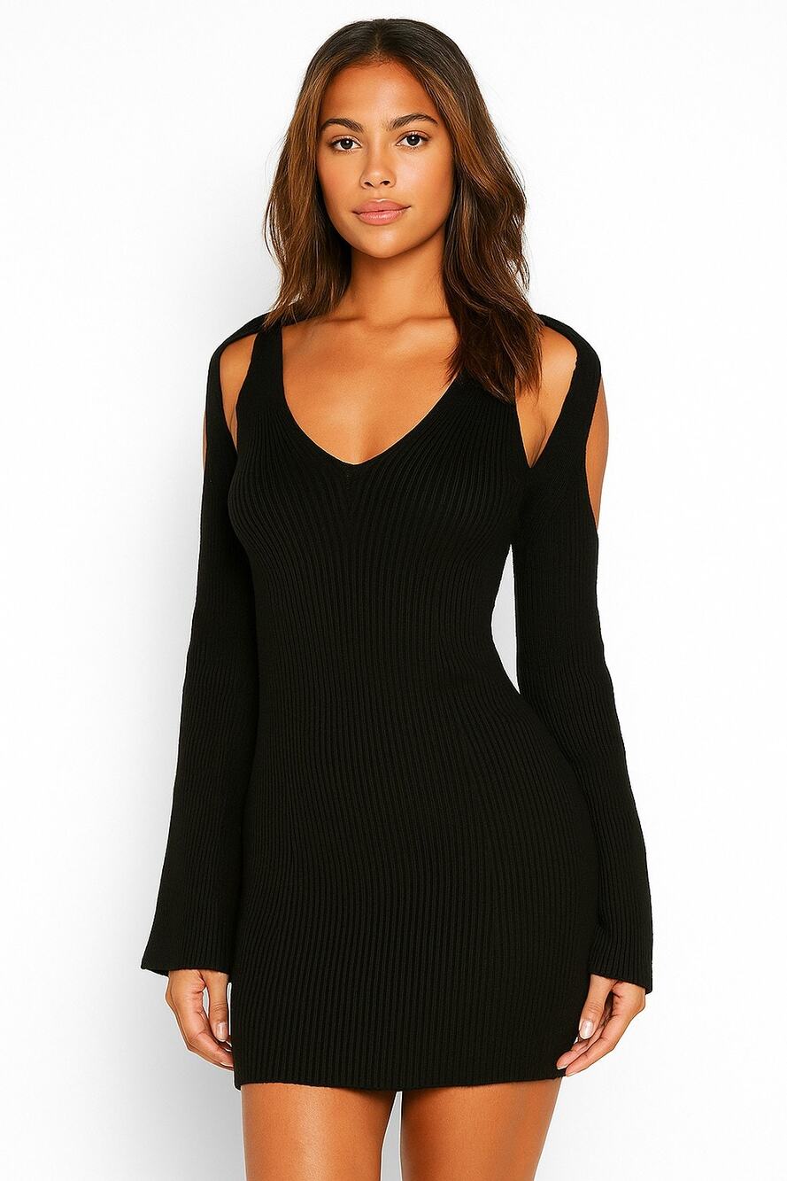 Stitches & Stripes Black Ribbed Cold Shoulder Sweater Dress